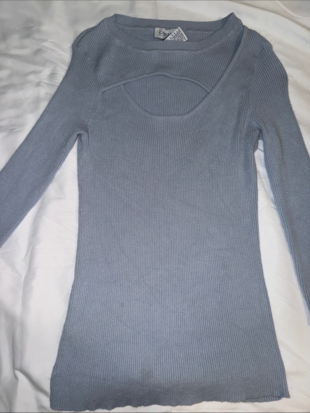 Carmen Marc Valvo Light Blue Ribbed Cutout Top